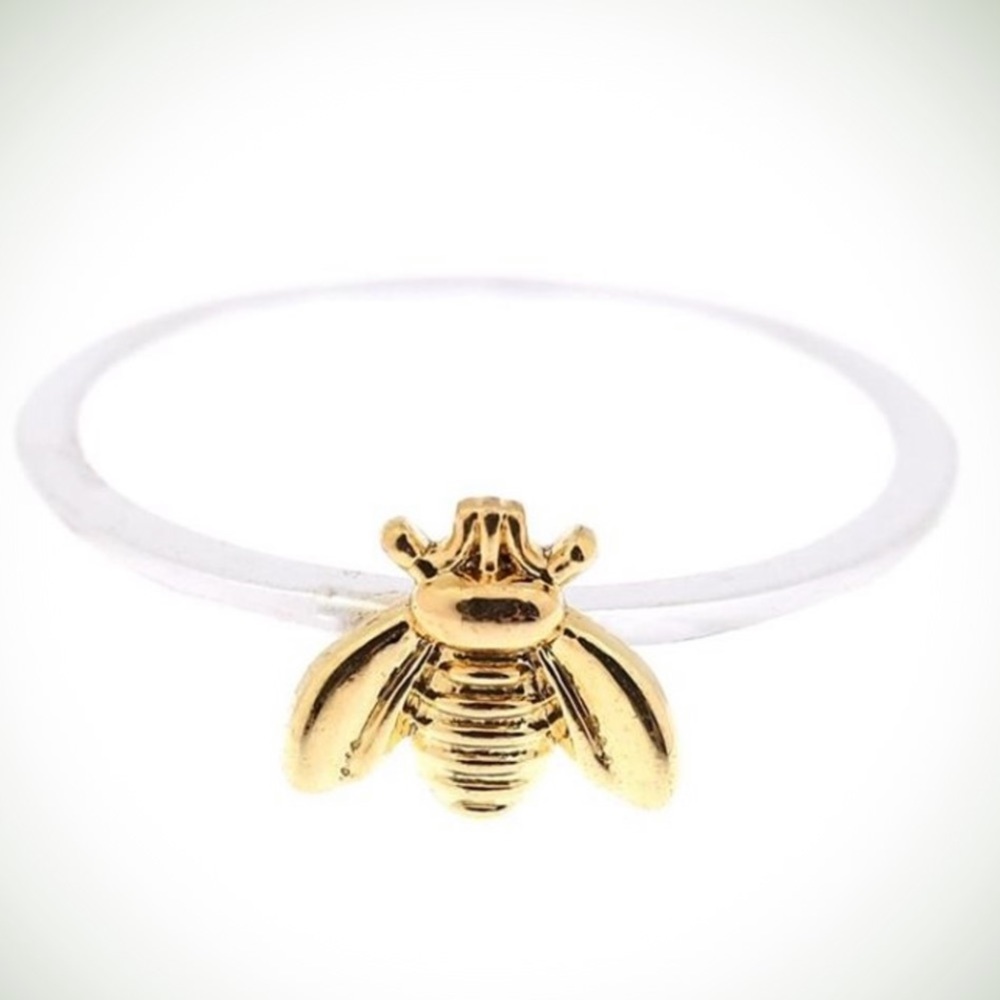 New Minimalist Gold Bee Ring With Hammered Band - Picture 2 of 5